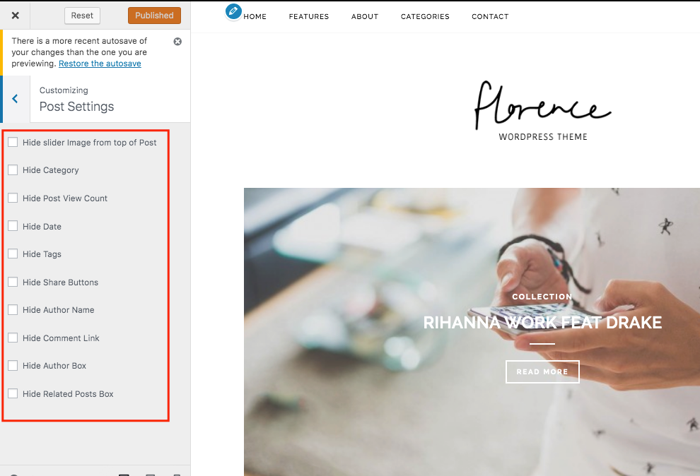 post options wp theme florence
