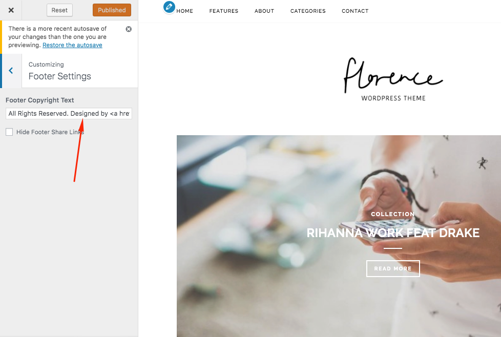 footer settings wp theme florence