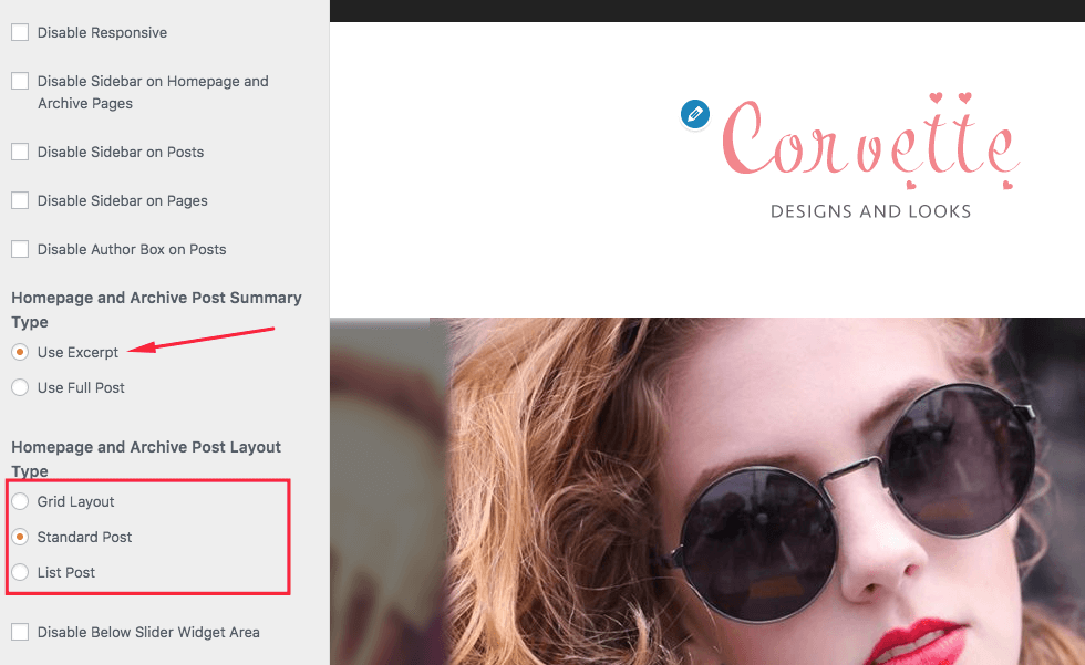 corvette wp theme how to use excerpt and full post