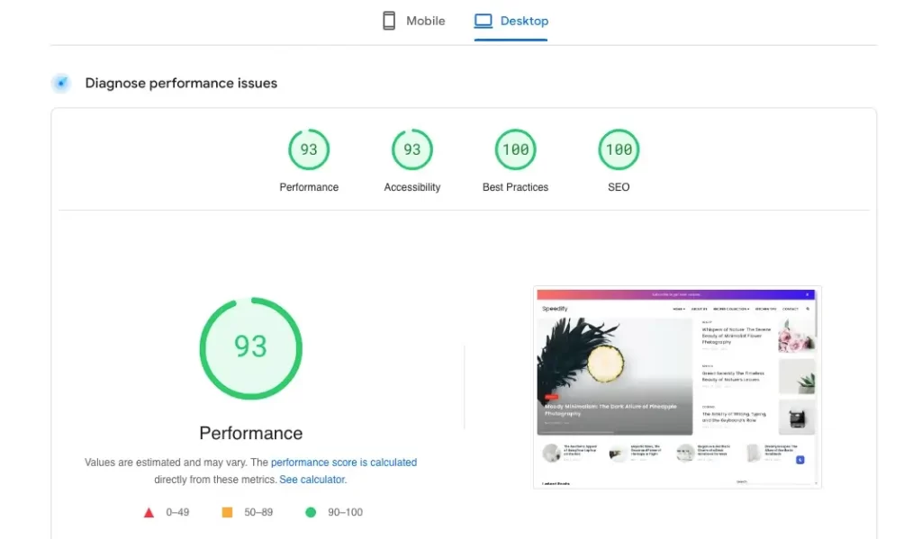 speedify optimized pagespeed score